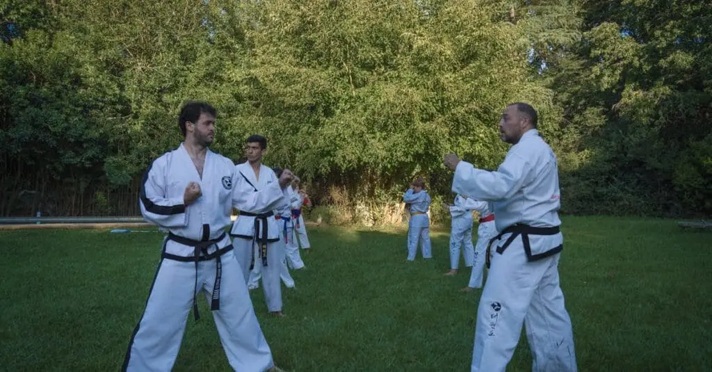 An outdoor martial arts class where students wearing white uniforms with different rank designations practice stances, illustrating a kenpo karate belt system explained.